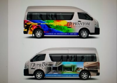 The Phantom Powdecoaters van (showing both sides of the van )which has been powder coated shows how effective colourful signage can be.